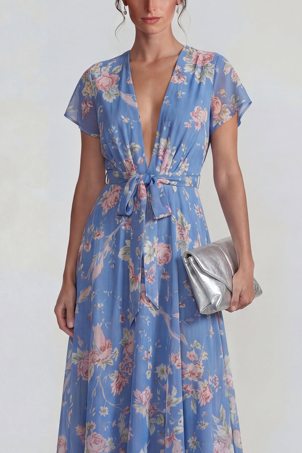 Flowy Blue V Neck A Line Long Floral Formal Dress with Sash