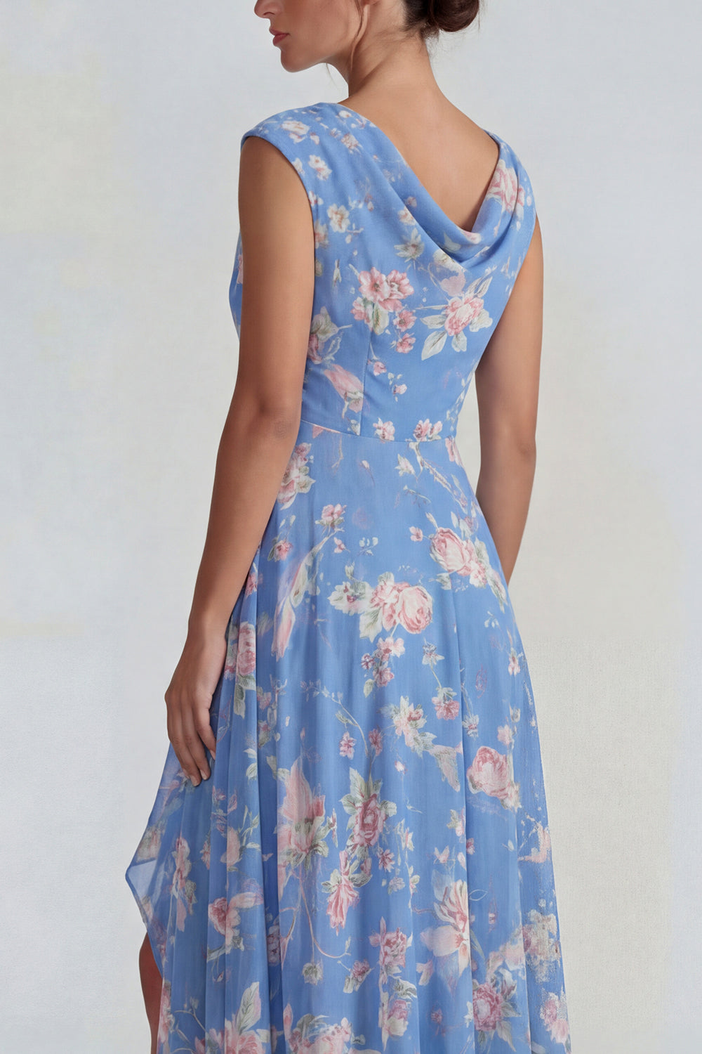 Floral Blue Bateau Neck Pink A Line High-Low Formal Dress with Slit