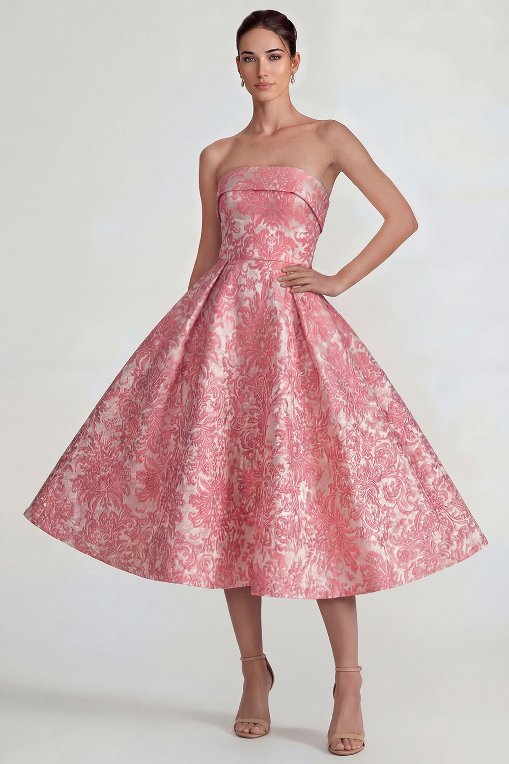 Floral Blush A Line Jacquard Midi Formal Dress