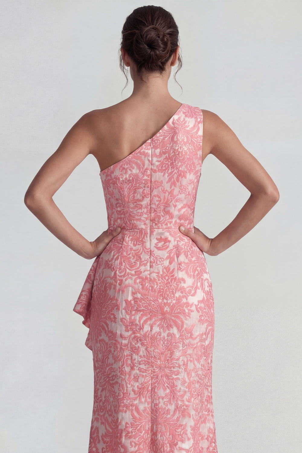 Blush One Shoulder Mermaid Jacquard Long Floral Formal Dress with Slit
