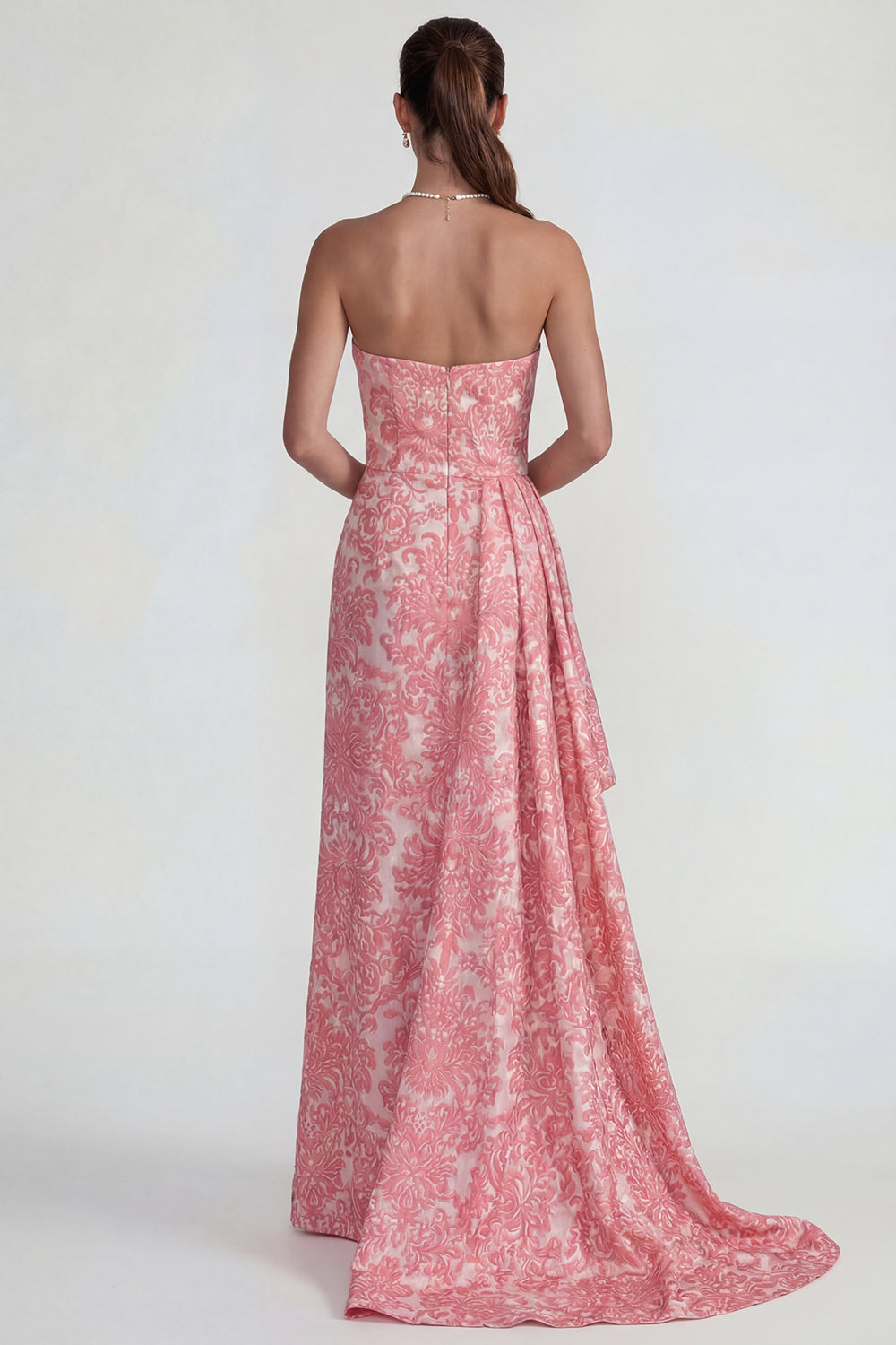 Blush Strapless Sheath Jacquard Ruffled Long Floral Formal Dress with Slit