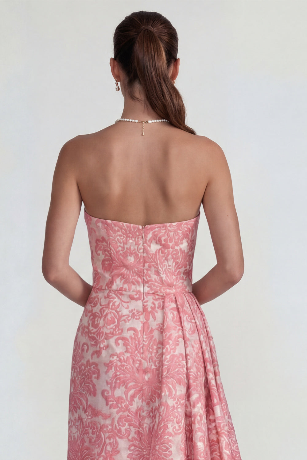 Blush Strapless Sheath Jacquard Ruffled Long Floral Formal Dress with Slit