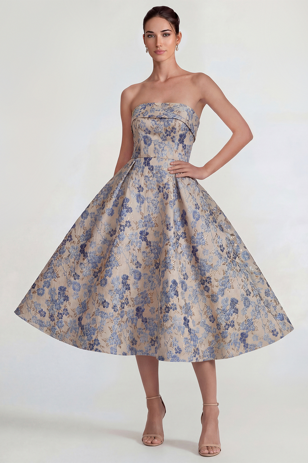 Floral Grey Blue A Line Jacquard Strapless Midi Formal Dress