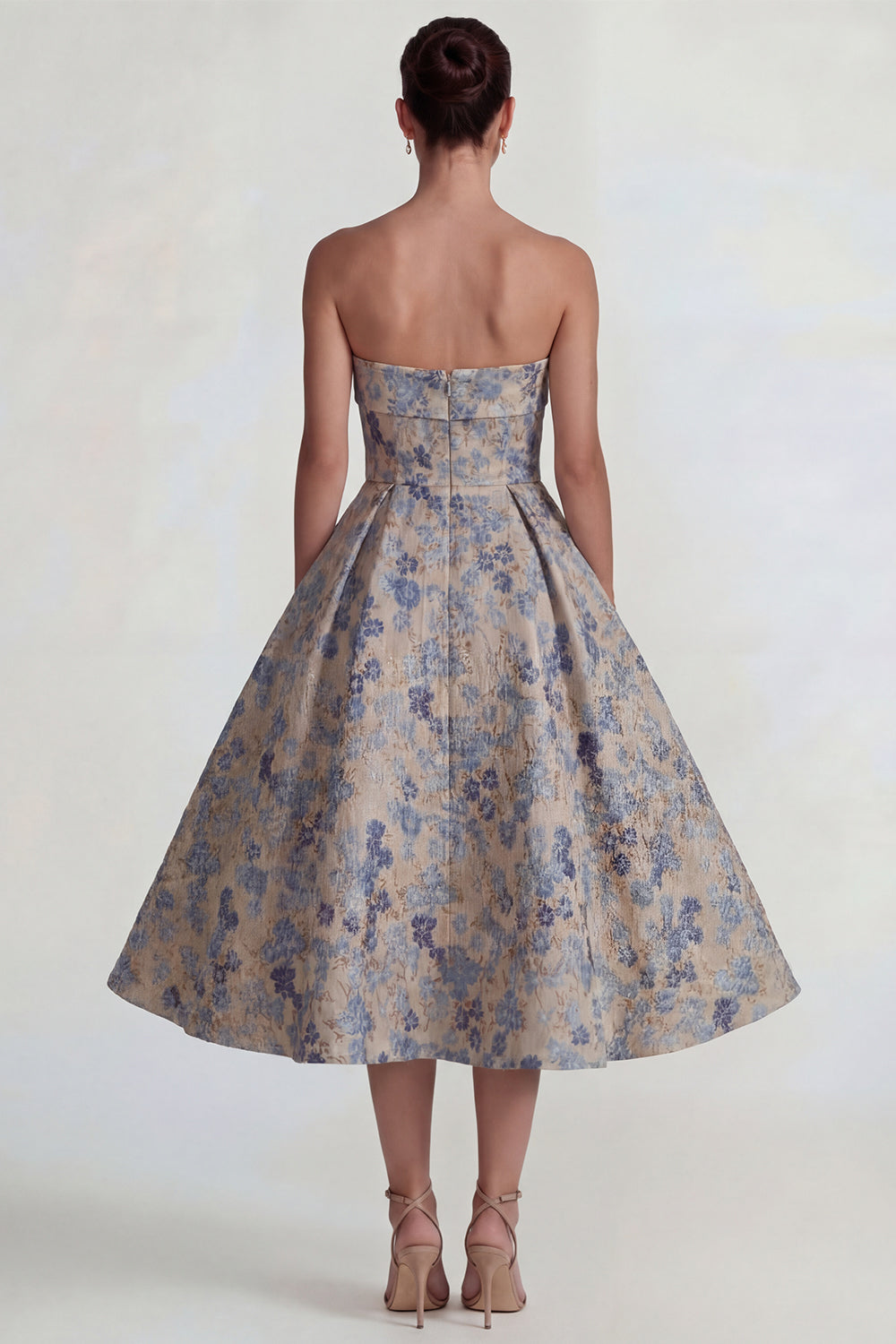 Floral Grey Blue A Line Jacquard Strapless Midi Formal Dress
