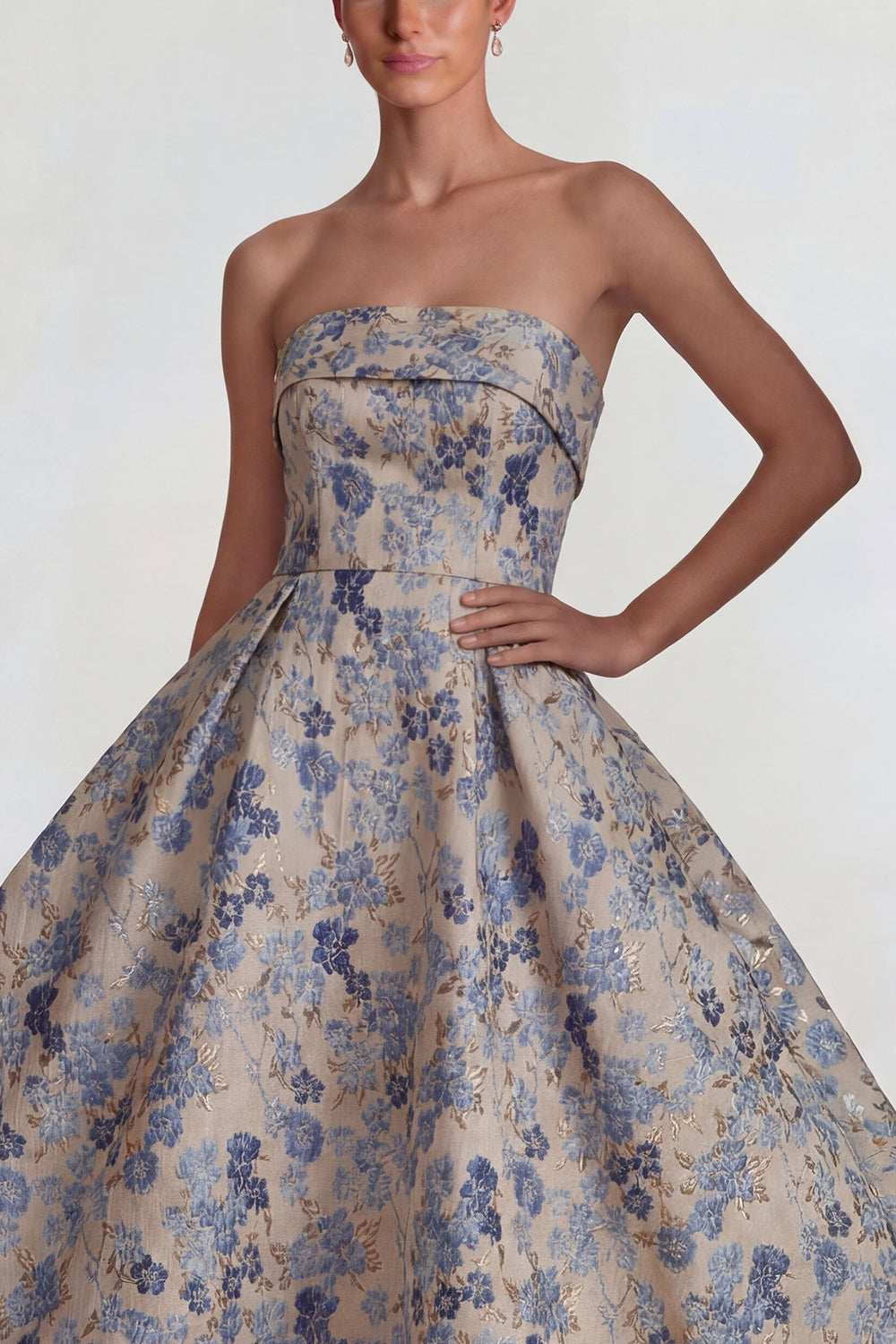 Floral Grey Blue A Line Jacquard Strapless Midi Formal Dress