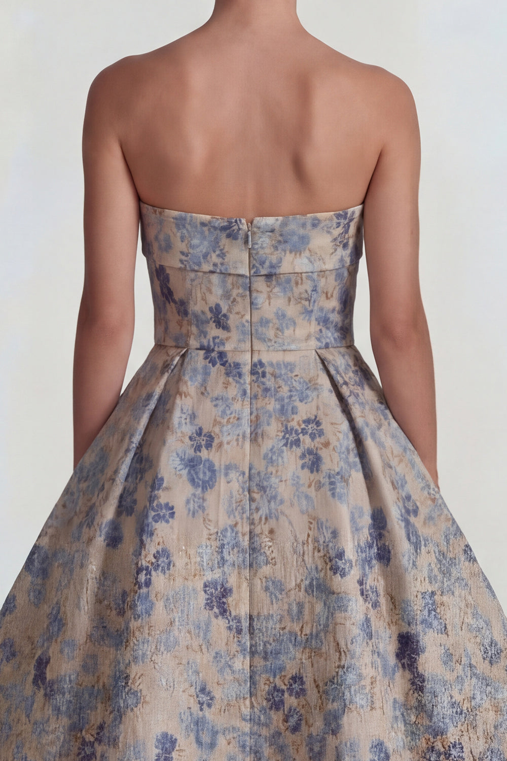 Floral Grey Blue A Line Jacquard Strapless Midi Formal Dress