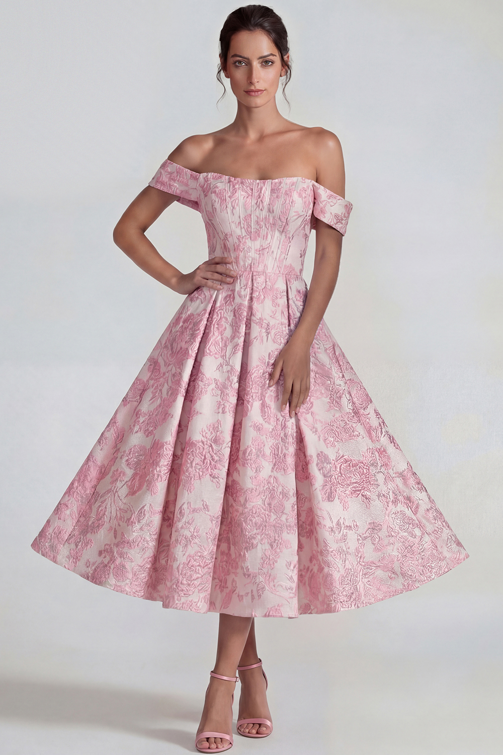 Floral Pink A Line Off the Shoulder Corset Jacquard Midi Prom Dress