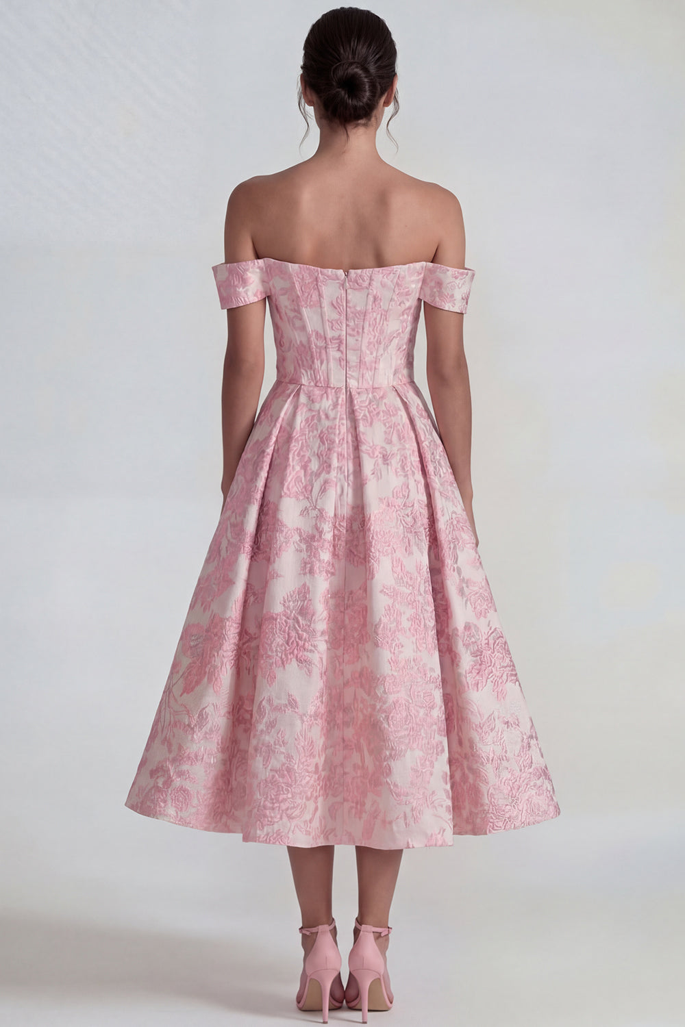 Floral Pink A Line Off the Shoulder Corset Jacquard Midi Prom Dress