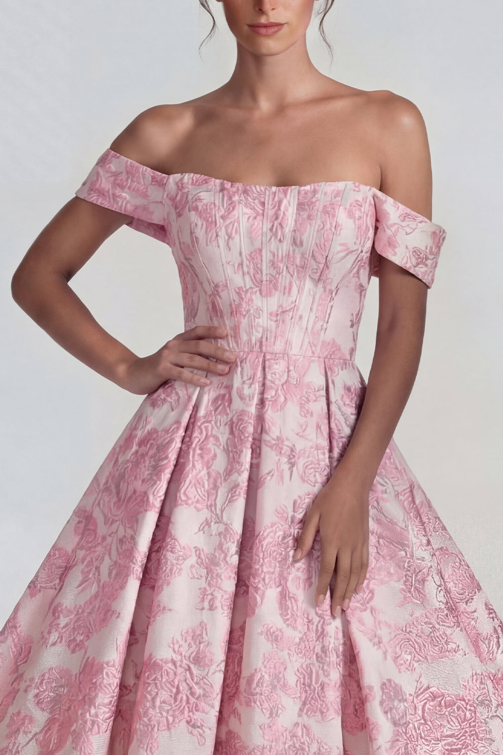 Floral Pink A Line Off the Shoulder Corset Jacquard Midi Prom Dress