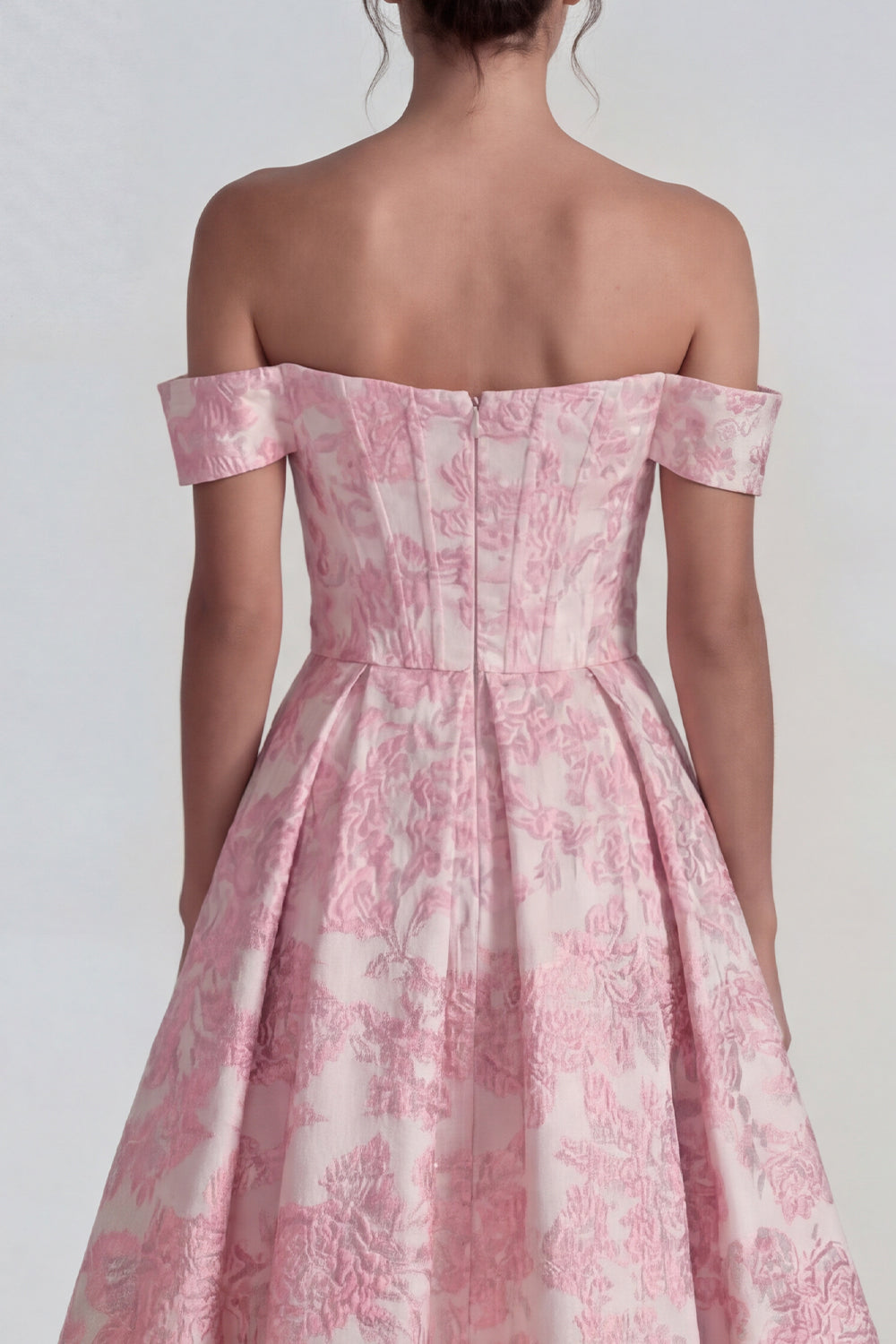 Floral Pink A Line Off the Shoulder Corset Jacquard Midi Prom Dress