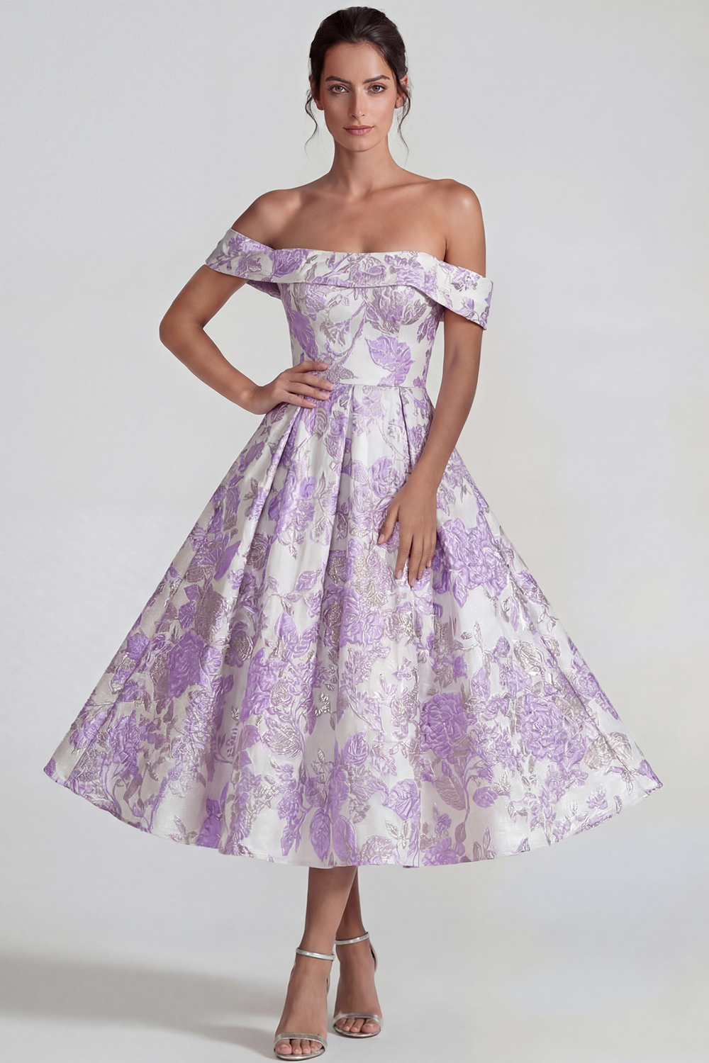 Lilac Off the Shoulder A Line Jacquard Midi Floral Formal Dress