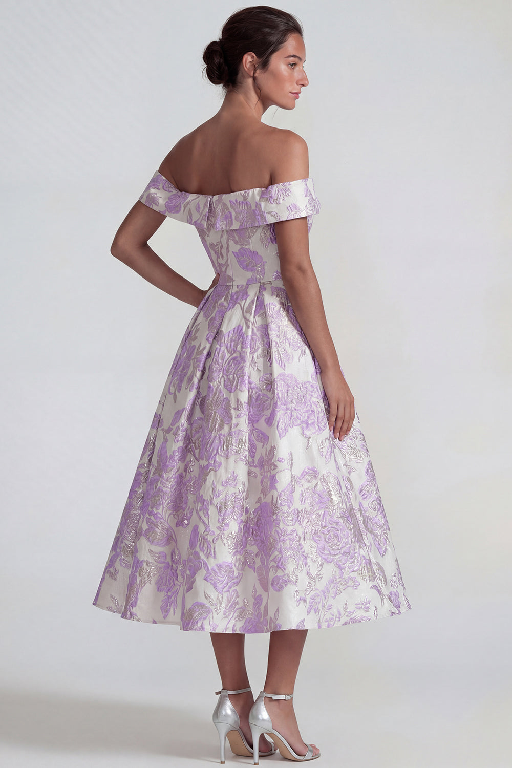 Lilac Off the Shoulder A Line Jacquard Midi Floral Formal Dress
