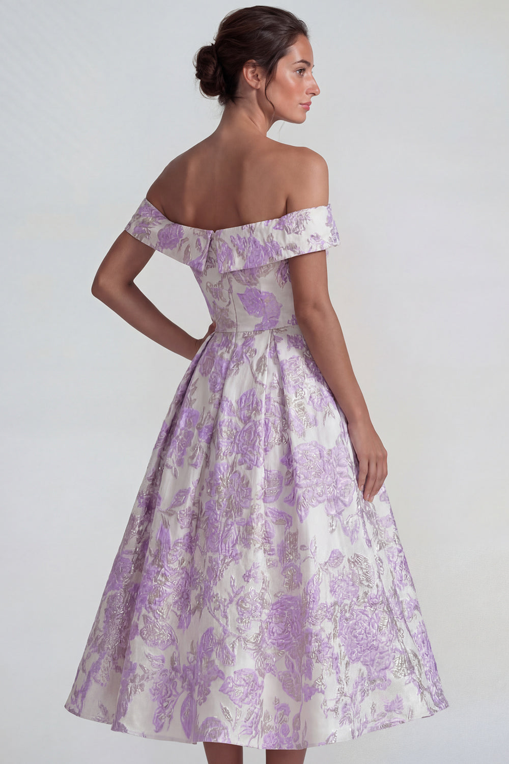 Lilac Off the Shoulder A Line Jacquard Midi Floral Formal Dress
