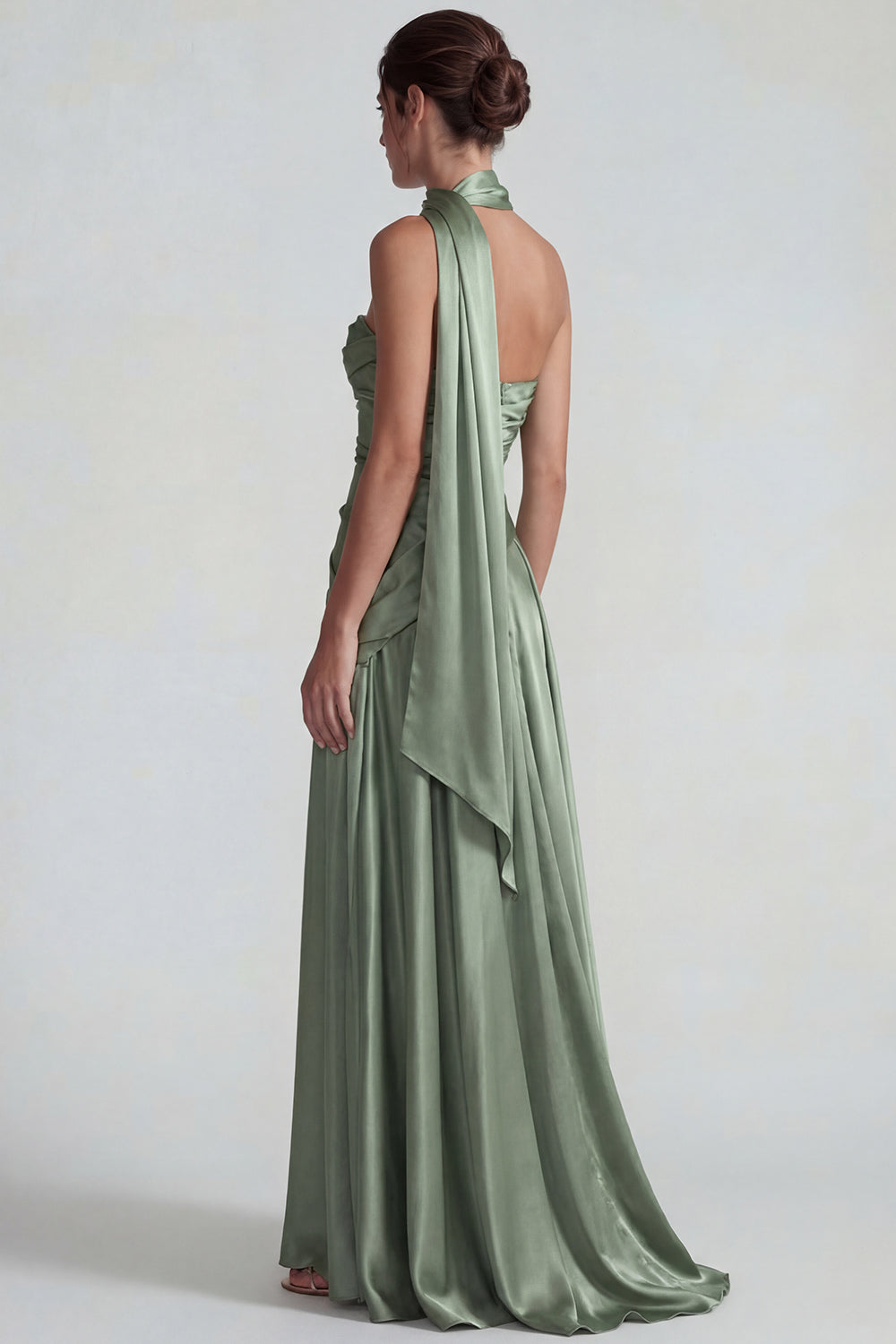 Flowy Dusty Sage A Line Neck Scarf Long Chiffon Formal Dress with Ruffles
