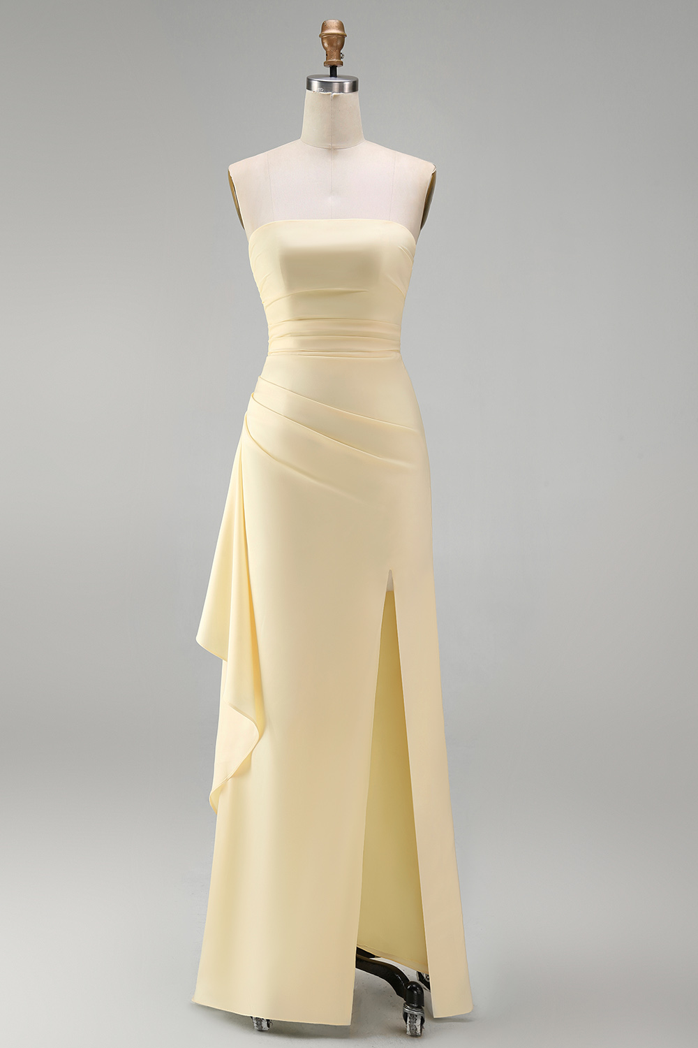 Light Yellow Strapless Satin Sheath Long Ruffled Formal Dress with Slit