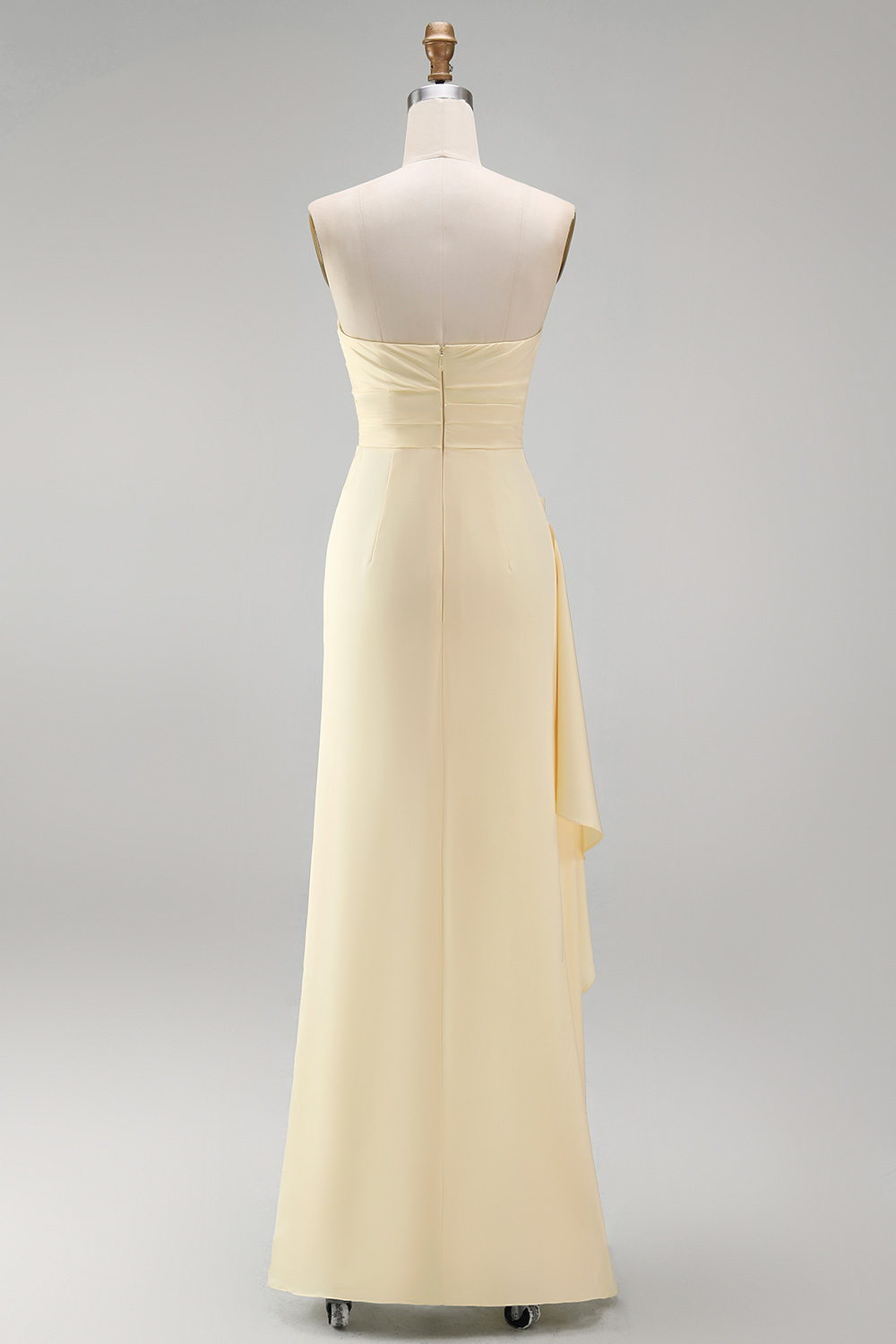 Light Yellow Strapless Satin Sheath Long Ruffled Formal Dress with Slit