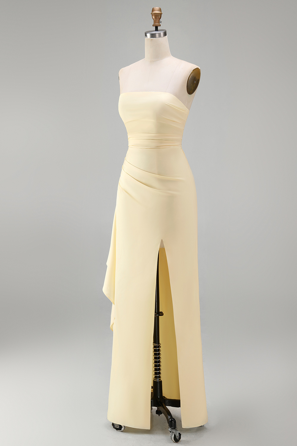 Light Yellow Strapless Satin Sheath Long Ruffled Formal Dress with Slit