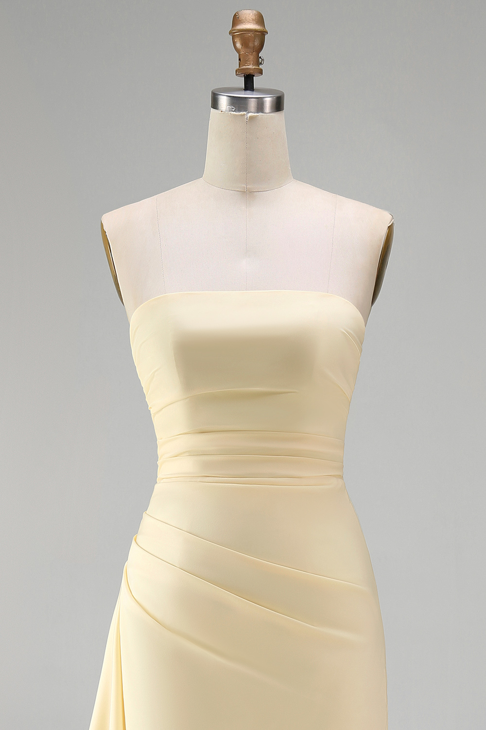 Light Yellow Strapless Satin Sheath Long Ruffled Formal Dress with Slit