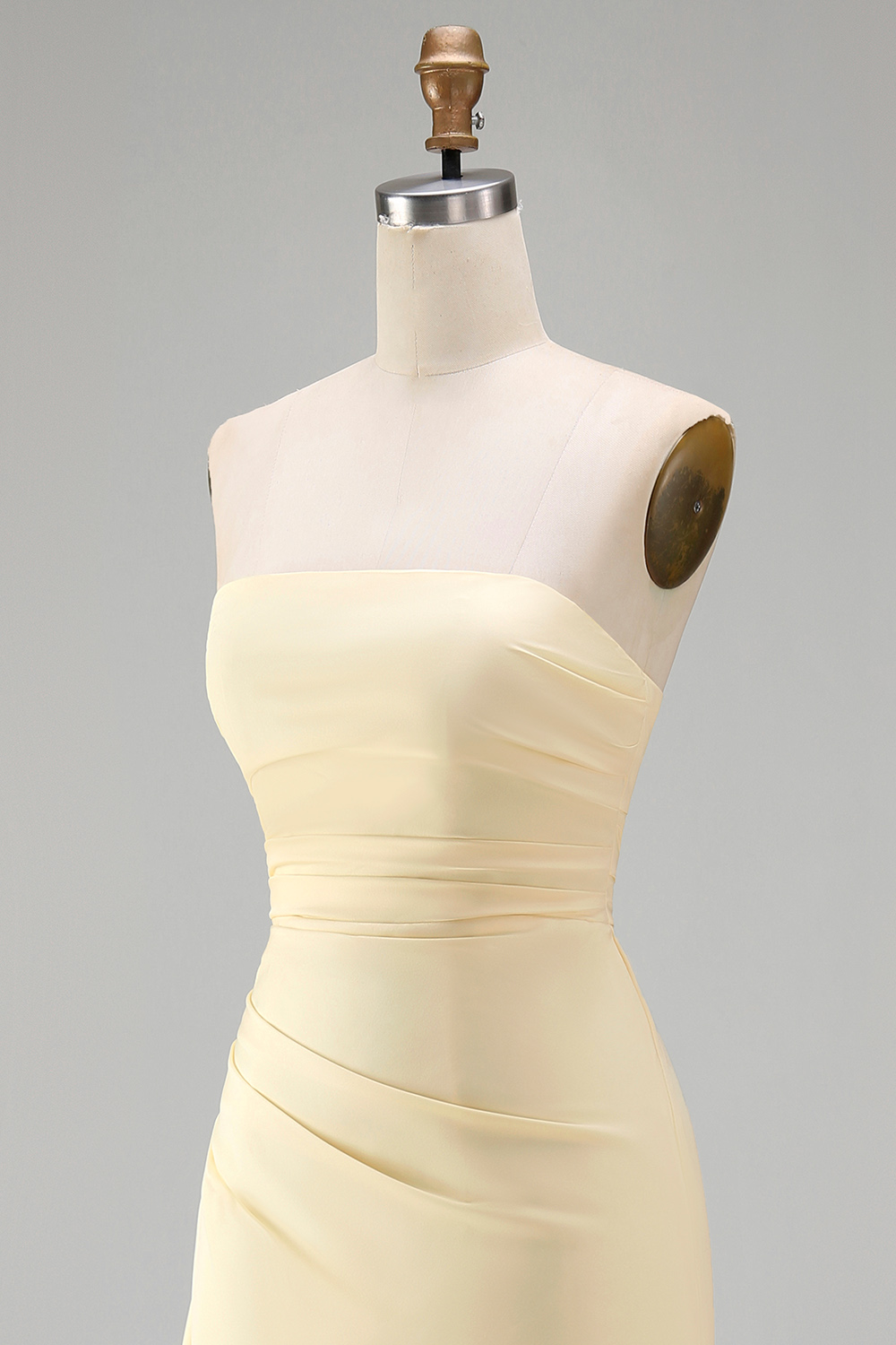 Light Yellow Strapless Satin Sheath Long Ruffled Formal Dress with Slit