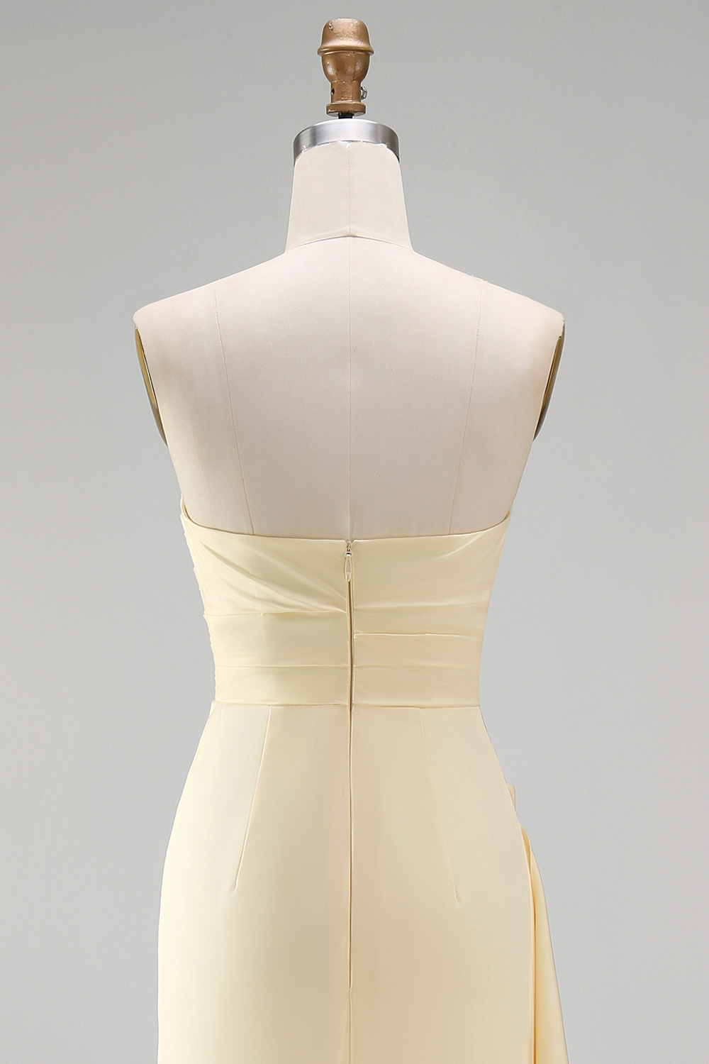 Light Yellow Strapless Satin Sheath Long Ruffled Formal Dress with Slit