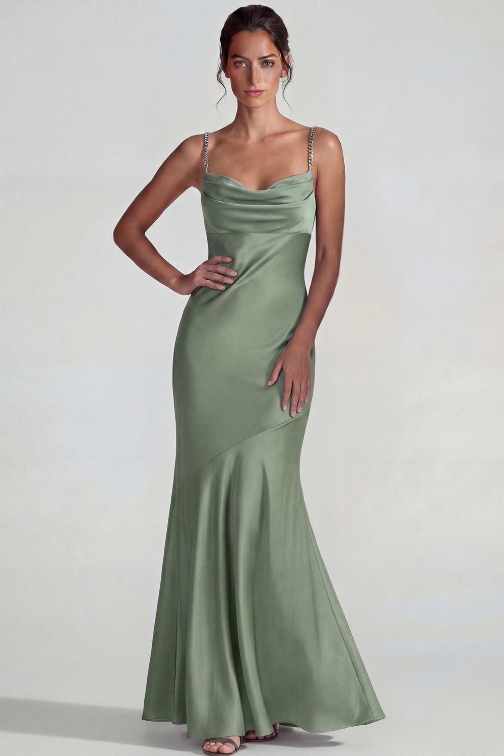 Dusty Sage Spaghetti Straps Mermaid Long Satin Formal Dress with Ruffles