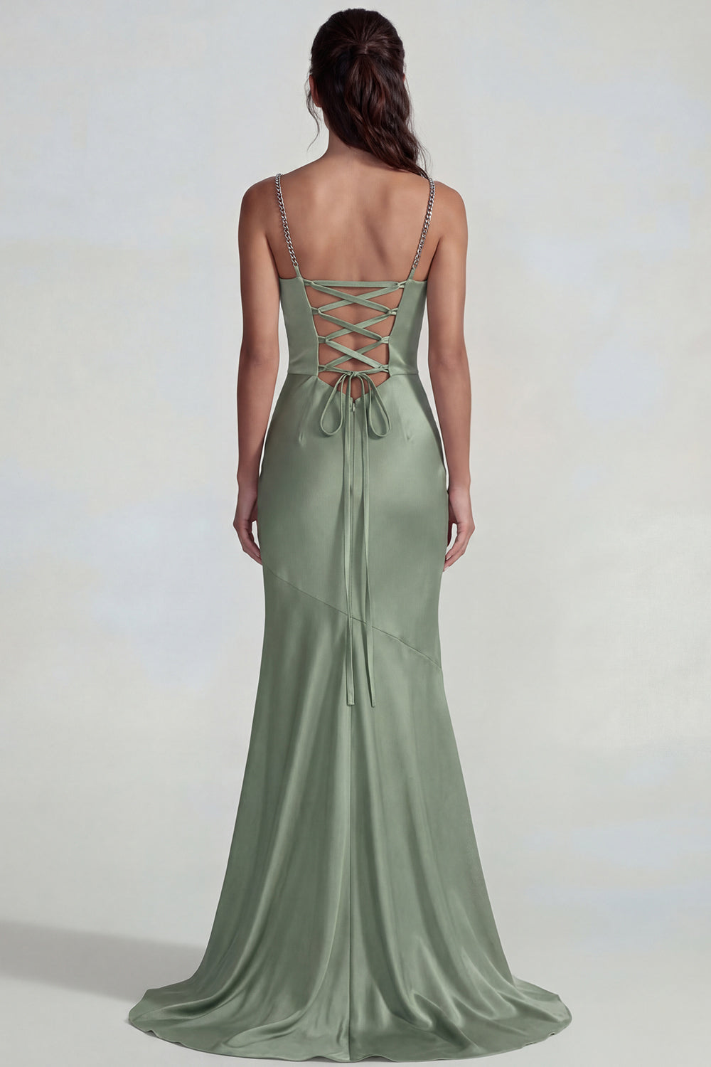 Dusty Sage Spaghetti Straps Mermaid Long Satin Formal Dress with Ruffles