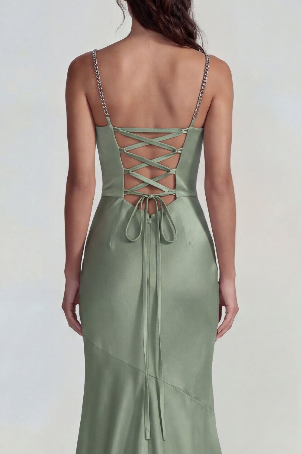 Dusty Sage Spaghetti Straps Mermaid Long Satin Formal Dress with Ruffles
