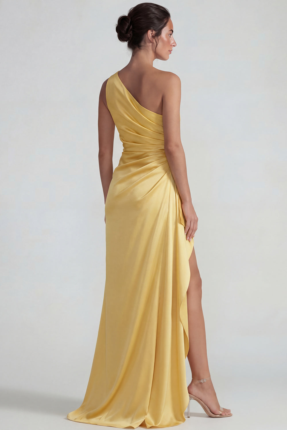 Yellow Sheath One Shoulder Satin Long Ruffled Formal Dress with Slit