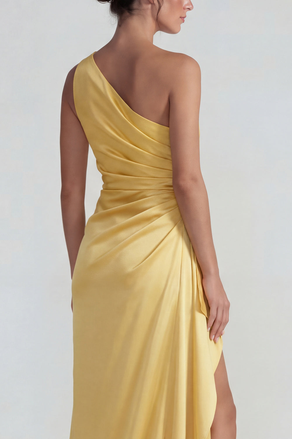 Yellow Sheath One Shoulder Satin Long Ruffled Formal Dress with Slit