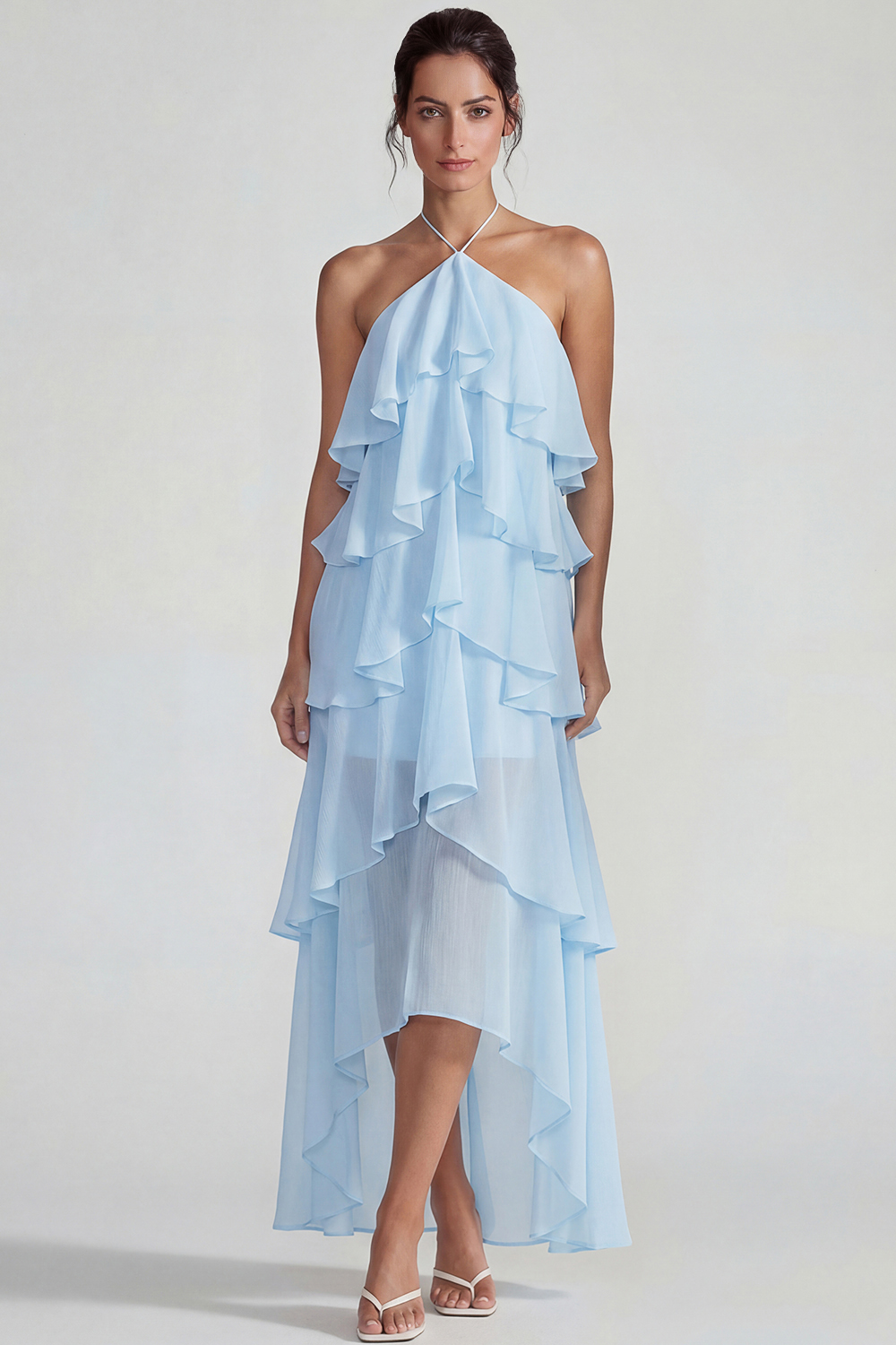 Flowy Blue A Line Tiered Halter Long Formal Dress with Ruffles