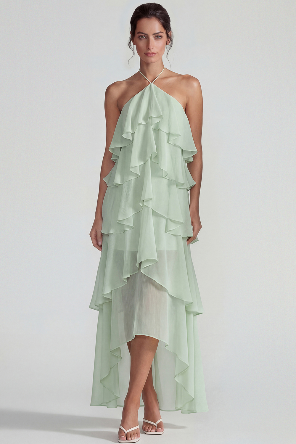 Flowy Blue A Line Tiered Halter Long Formal Dress with Ruffles