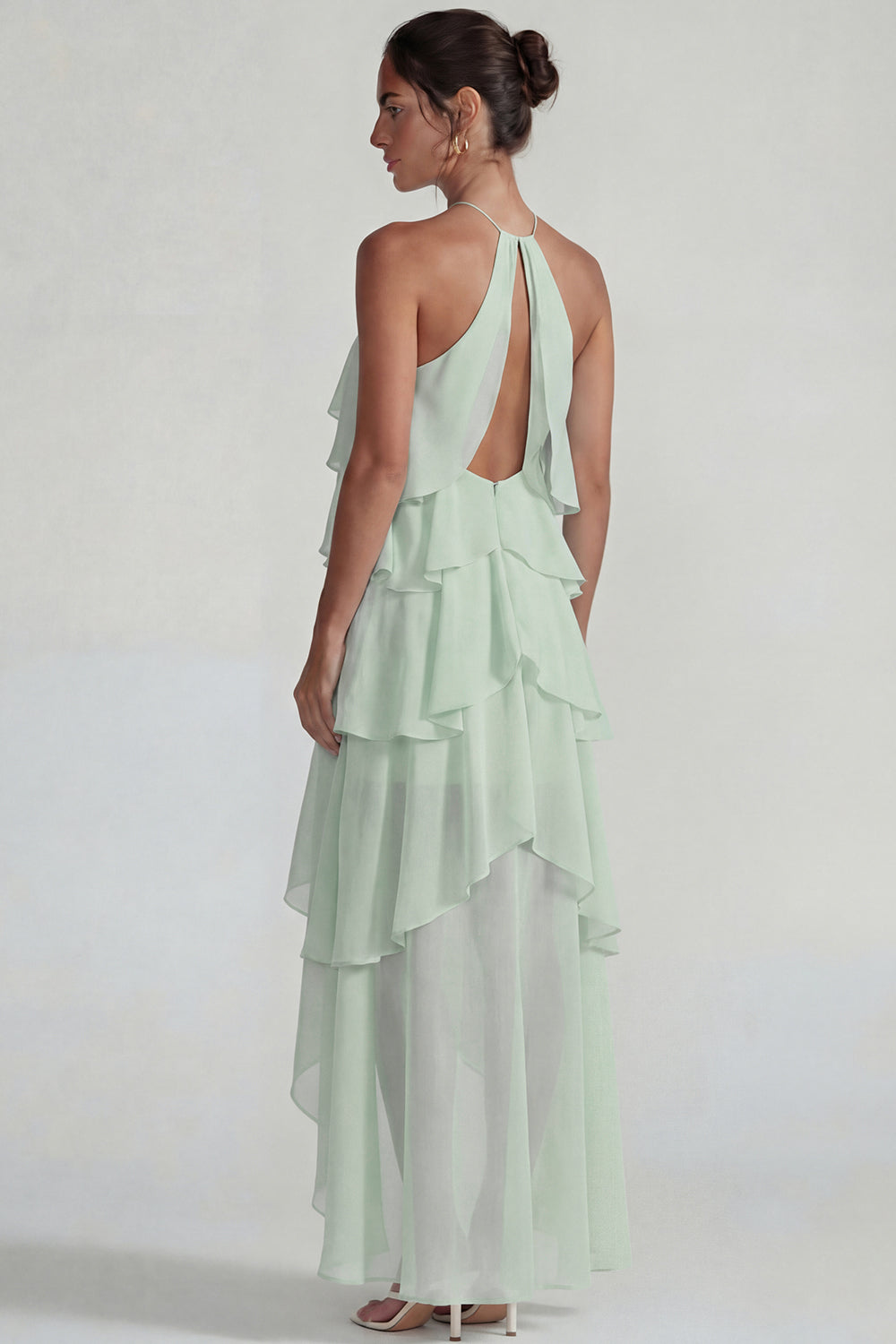 Flowy Blue A Line Tiered Halter Long Formal Dress with Ruffles