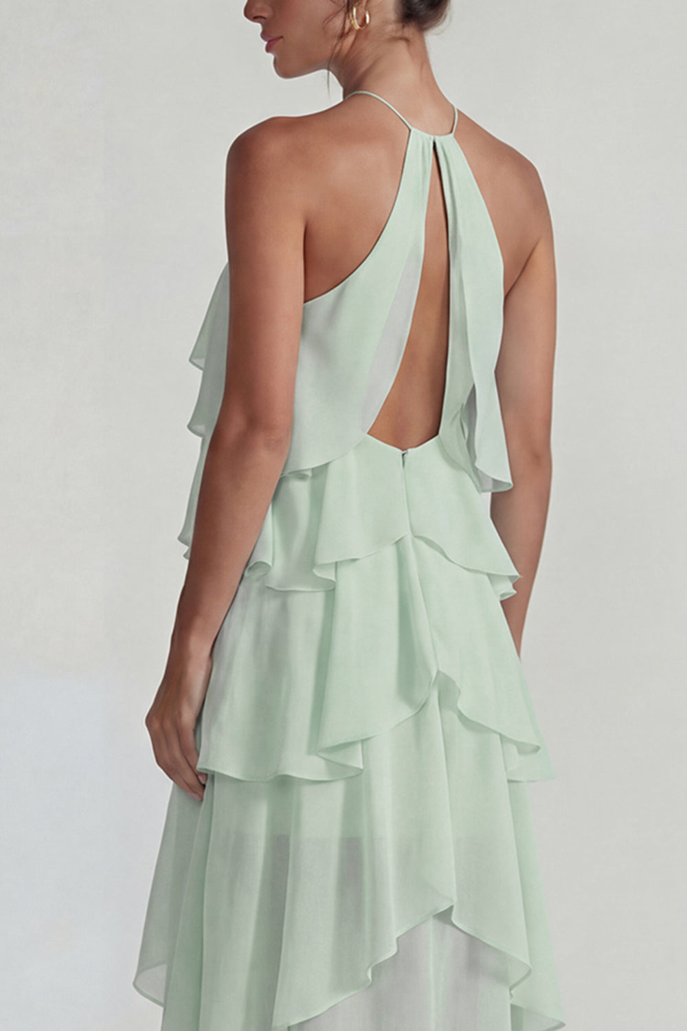 Flowy Blue A Line Tiered Halter Long Formal Dress with Ruffles