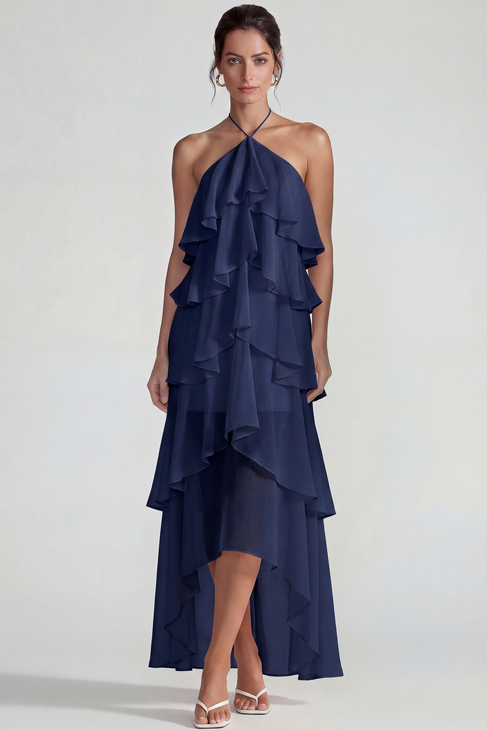 Flowy Blue A Line Tiered Halter Long Formal Dress with Ruffles