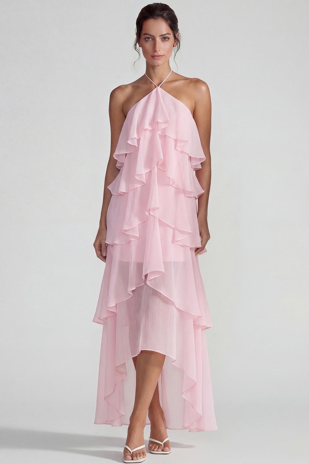 Flowy Blue A Line Tiered Halter Long Formal Dress with Ruffles