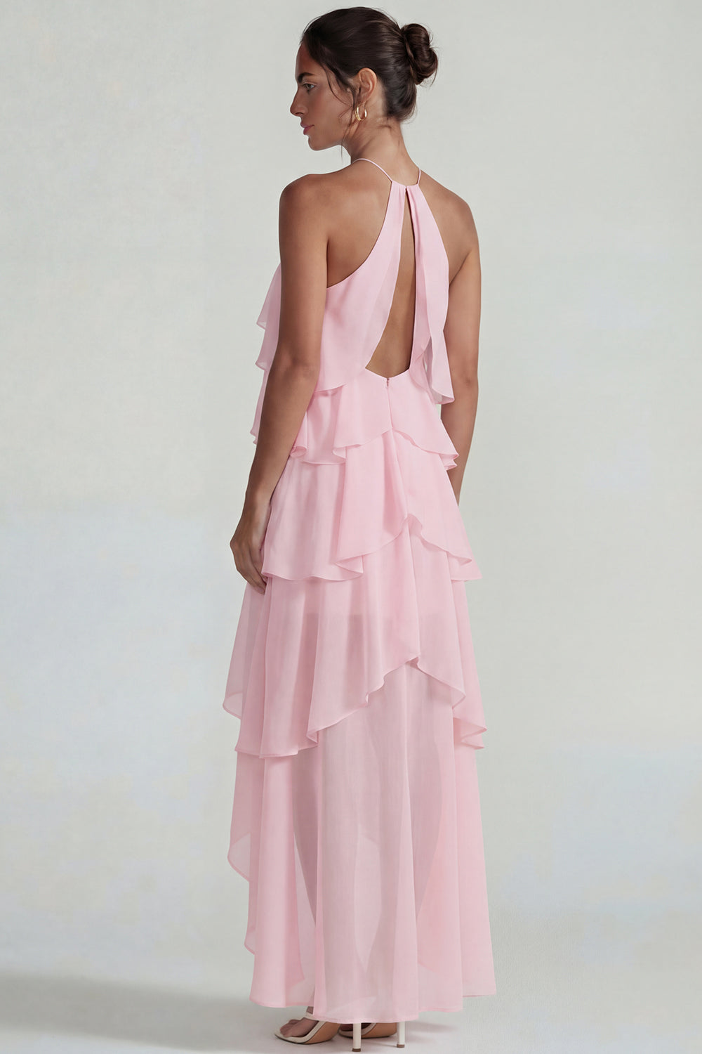 Flowy Blue A Line Tiered Halter Long Formal Dress with Ruffles