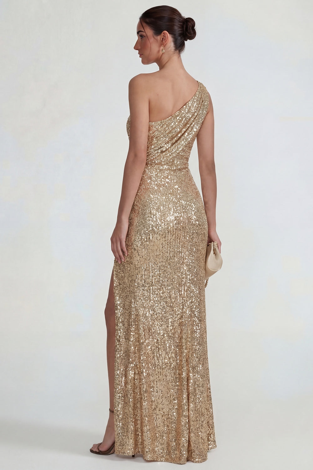 Sparkly Golden One Shoulder Mermaid Long Sequin Formal Dress with Slit