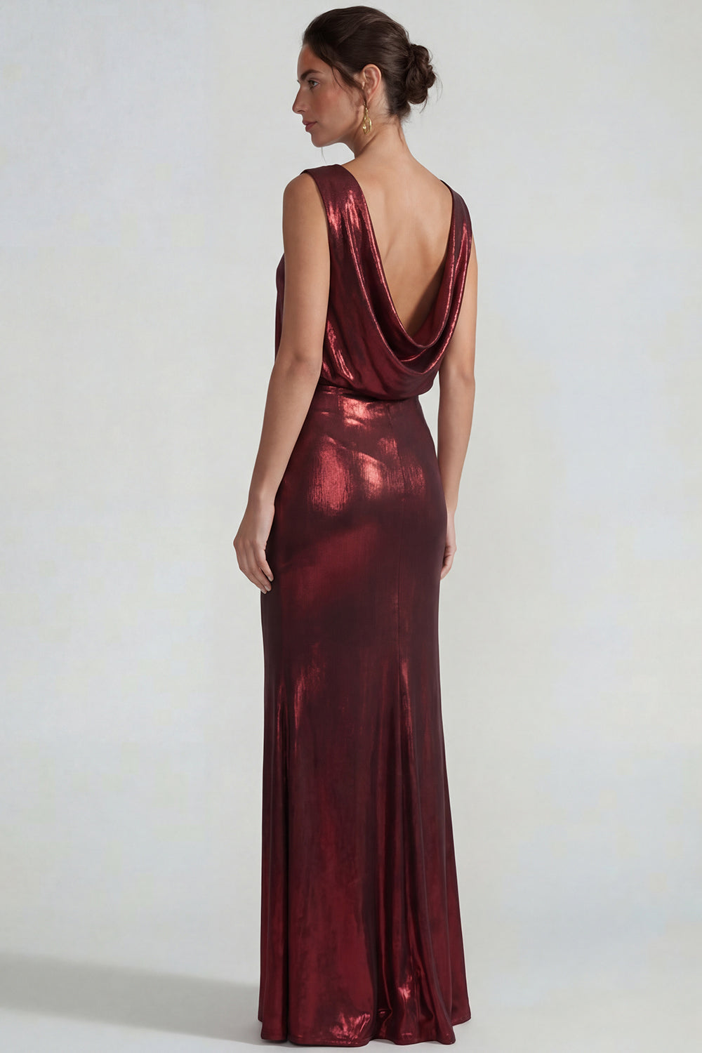Metallic Burgundy Bateau Neck Backless Long Sheath Formal Dress
