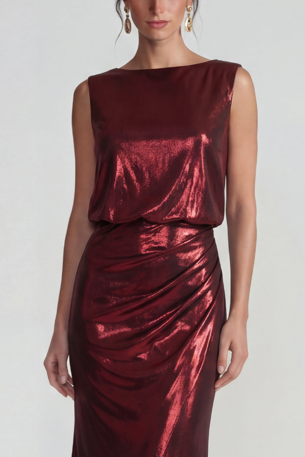 Metallic Burgundy Bateau Neck Backless Long Sheath Formal Dress