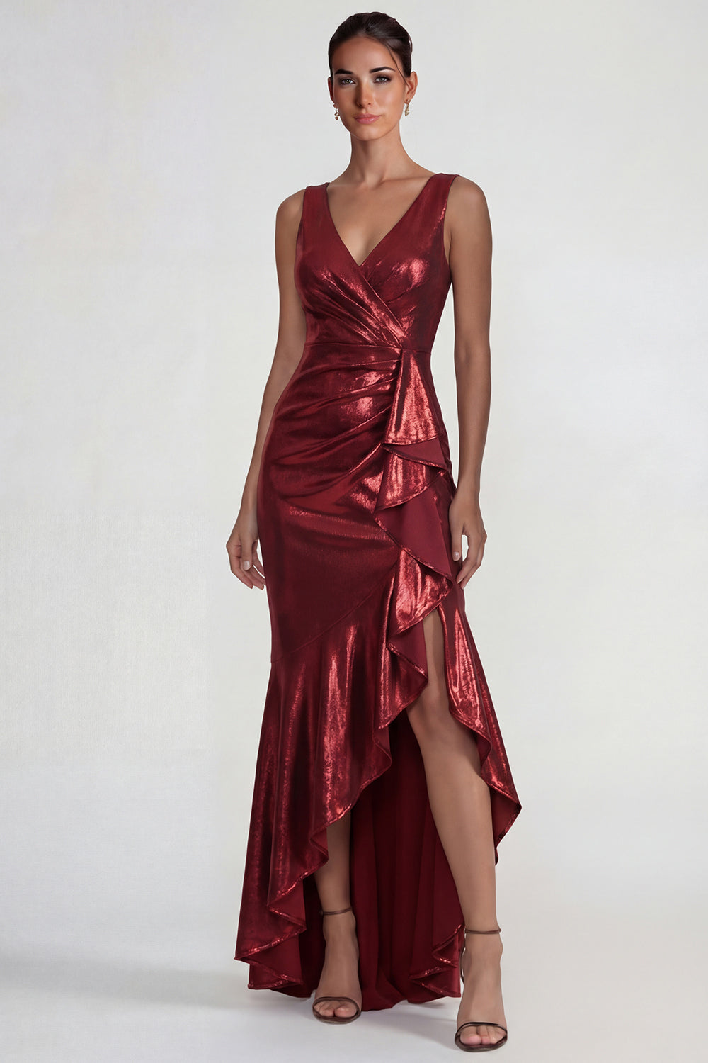 Metallic Burgundy Mermaid V Neck Long Ruffled Formal Dress with Slit