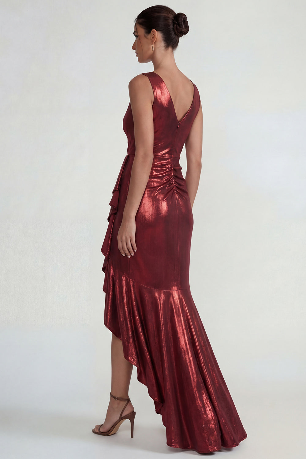 Metallic Burgundy Mermaid V Neck Long Ruffled Formal Dress with Slit