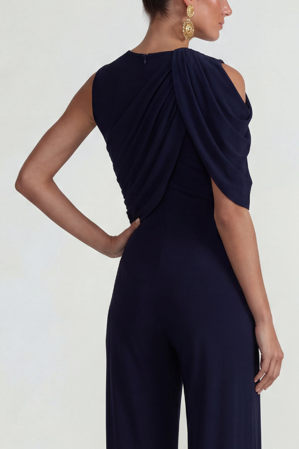 Elegant Navy Wide Leg Round Neck Formal Jumpsuits