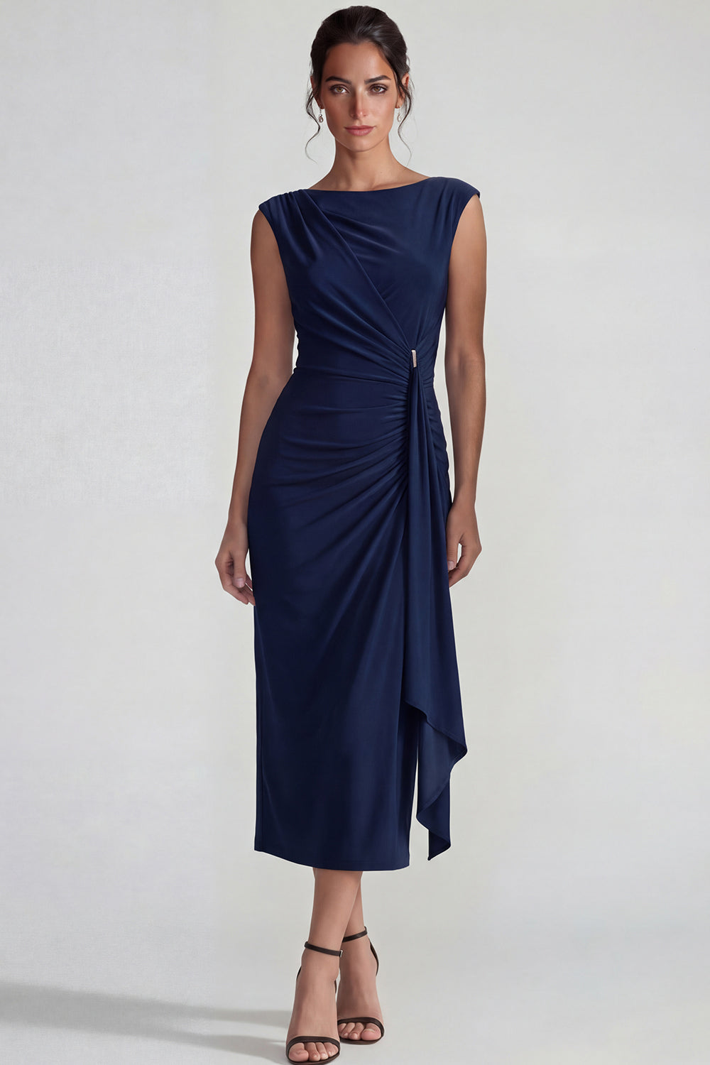 Navy Bateau Neck Ruched Midi Formal Dress with Sash