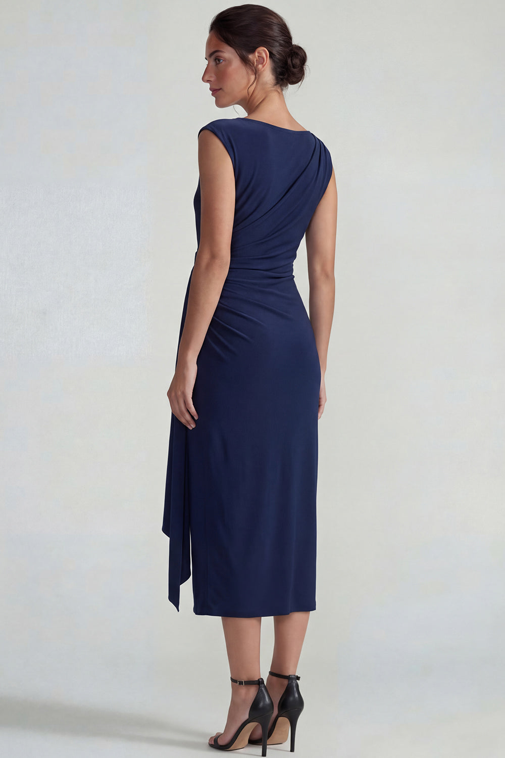 Navy Bateau Neck Ruched Midi Formal Dress with Sash
