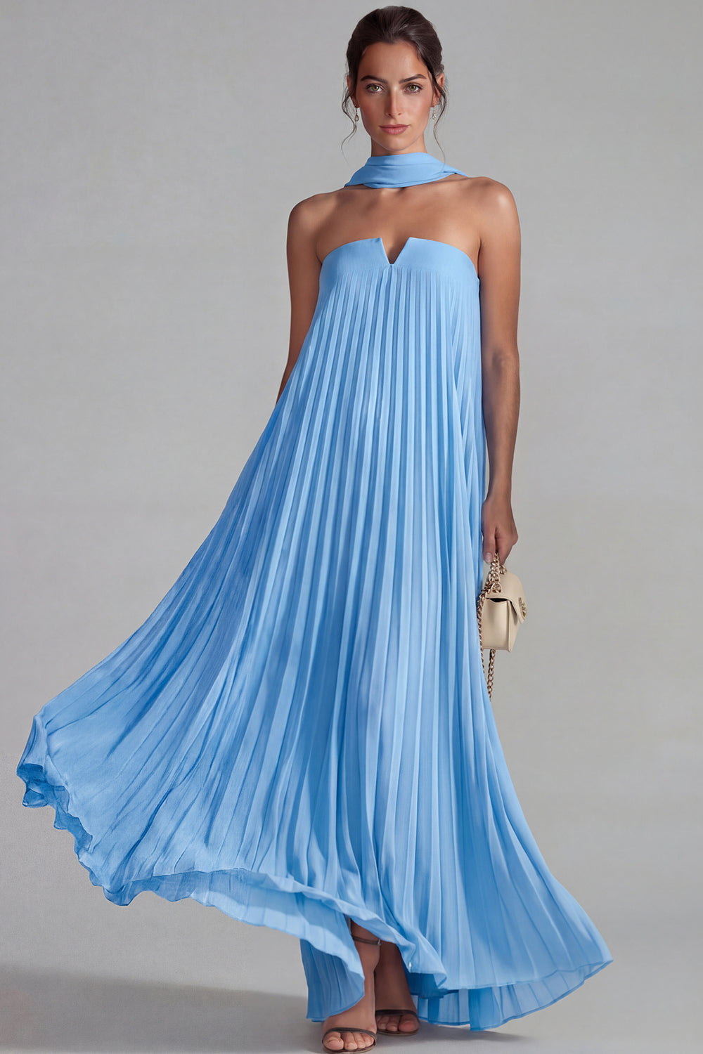 Flowy Blue Chiffon Neck Scarf Pleated Long Formal Dress
