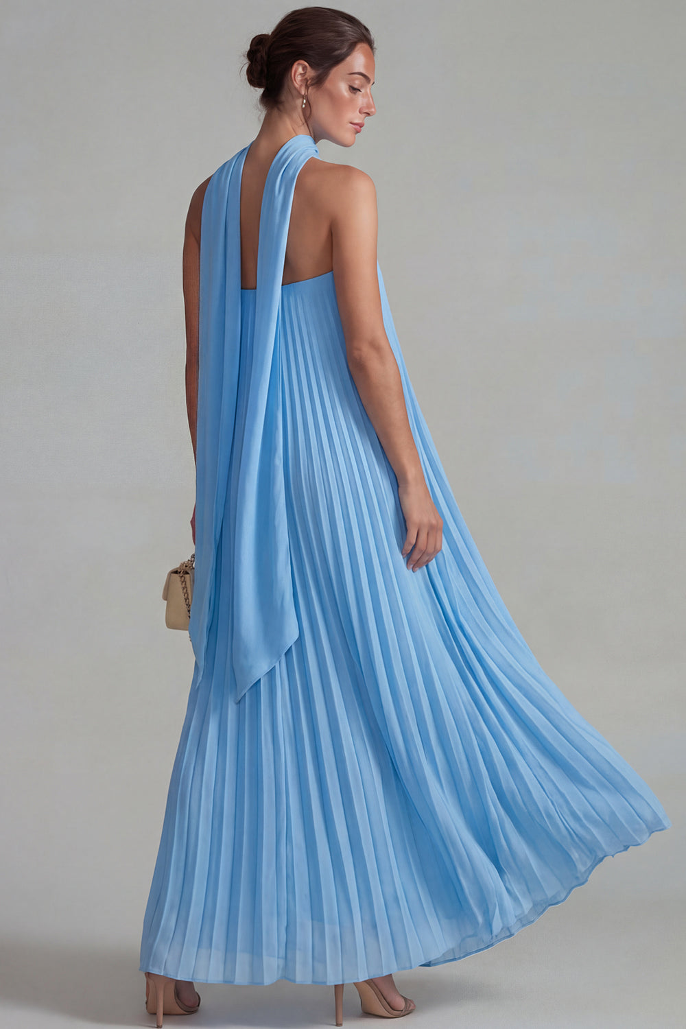 Flowy Blue Chiffon Neck Scarf Pleated Long Formal Dress