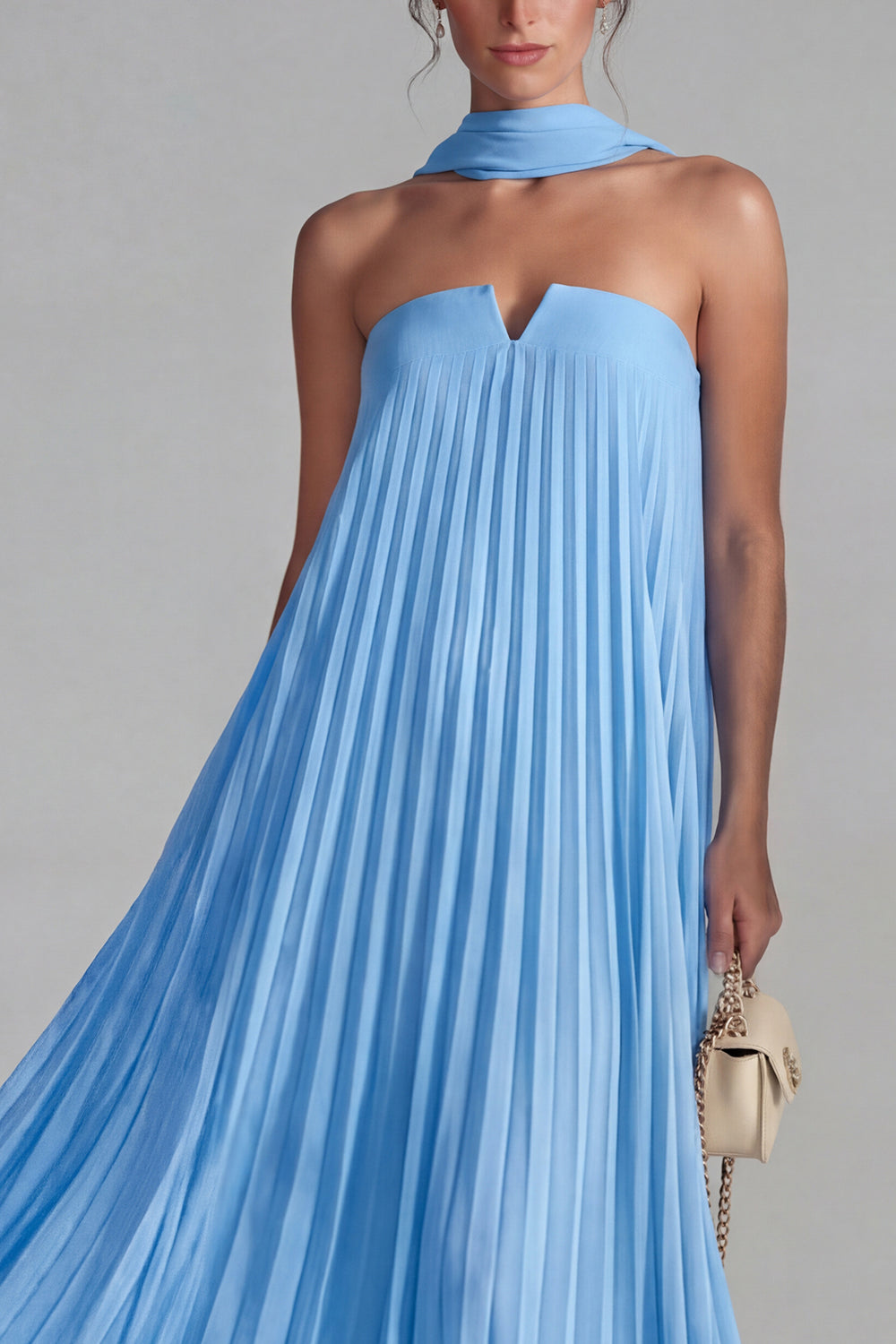 Flowy Blue Chiffon Neck Scarf Pleated Long Formal Dress