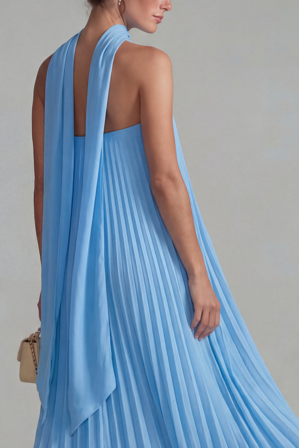 Flowy Blue Chiffon Neck Scarf Pleated Long Formal Dress