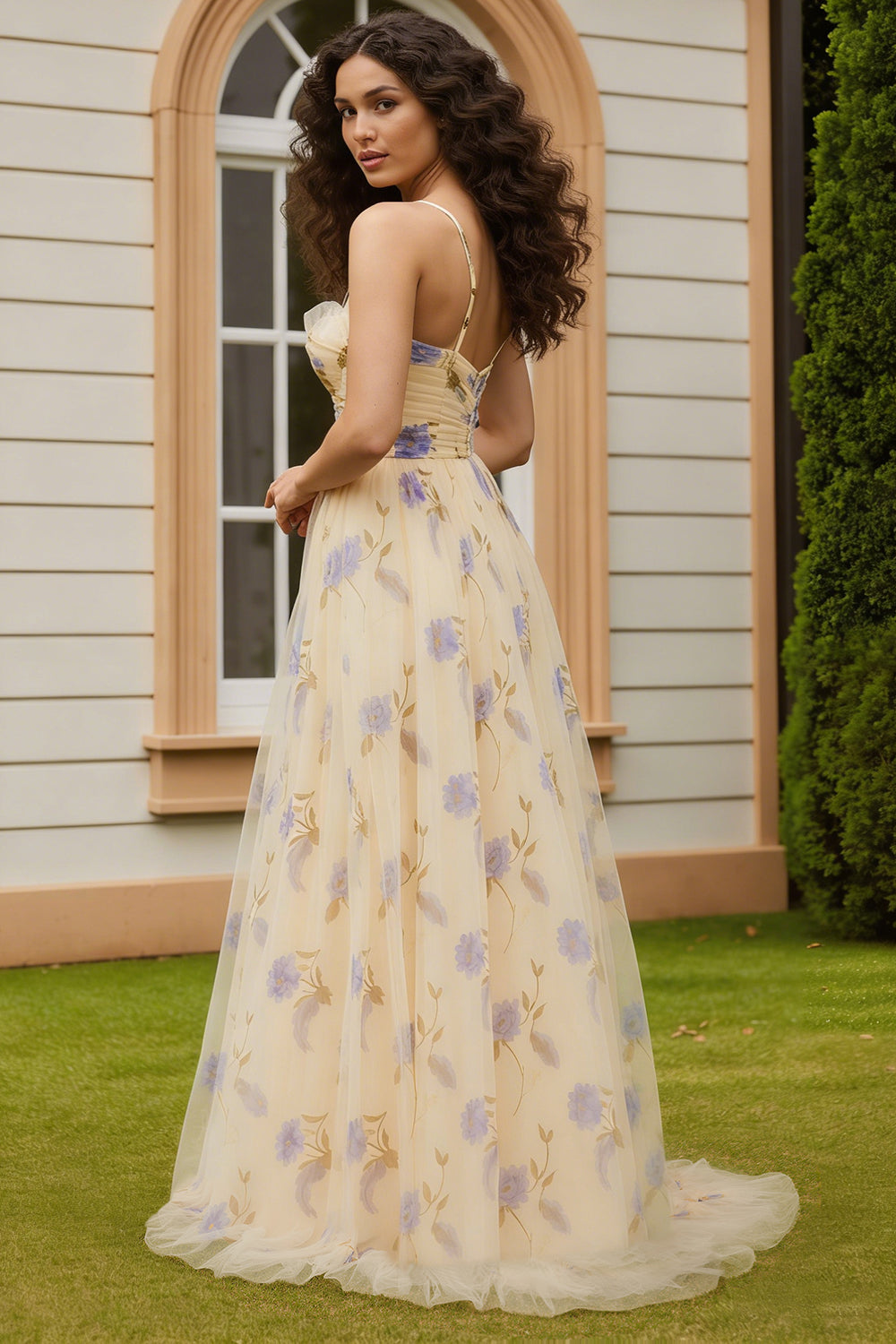 Yellow Tulle A-Line Spaghetti Straps Long Floral Prom Dress with Slit