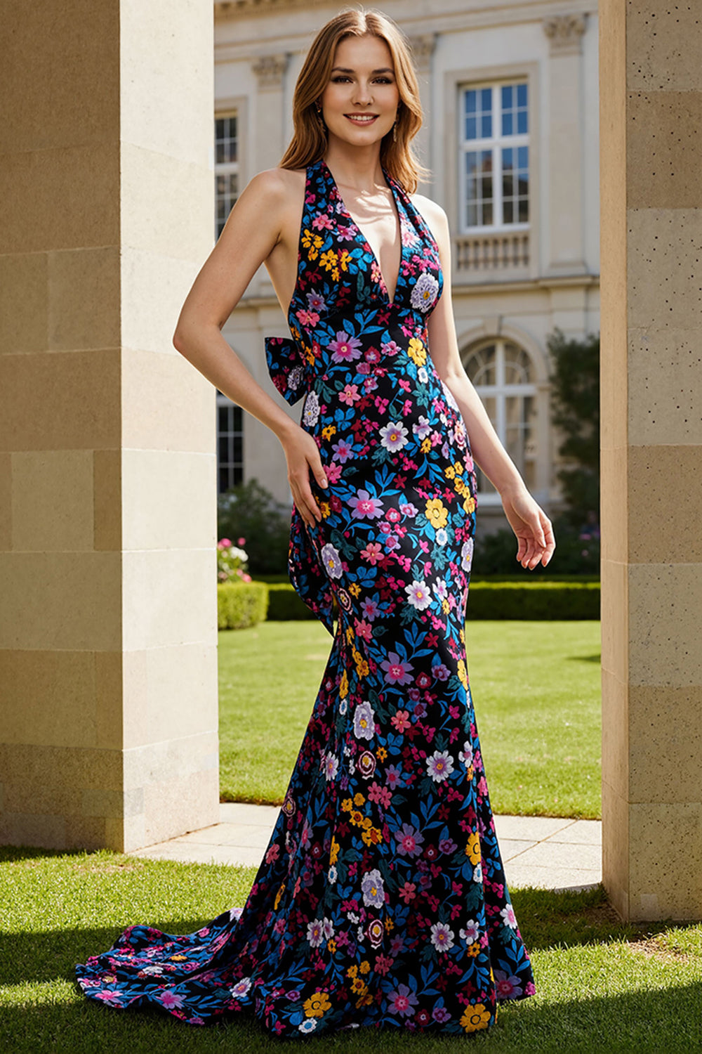 Floral Black Halter Neck Backless Long Mermaid Prom Dress with Bow